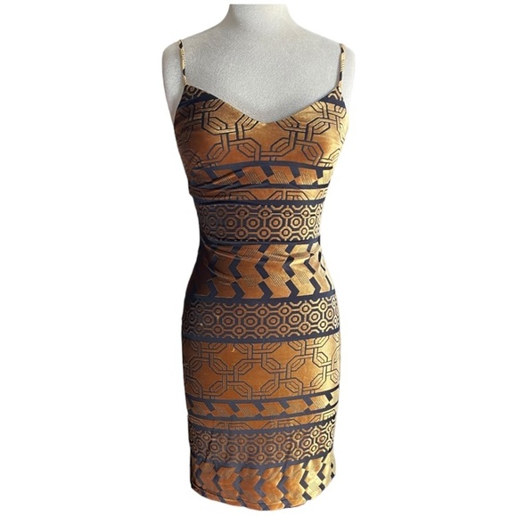 NWT NICHOLE MILLER BLACK/BRONZE VELVET BURNOUT AZTEC PRINT SPAGHETTI STRAP DRESS - Picture 5 of 16